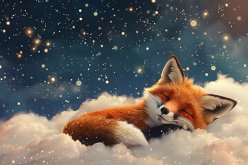 Small little fox sleeping and smiling on a white cloud against the background of the starry sky. Children's sleep, fairy-tale dreams - obrazy, fototapety, plakaty