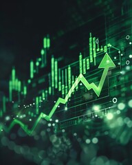Naklejka premium Market analysis graph showcases a prominent green arrow amidst rising figures, reflecting a surge in stock prices and financial growth, eyelevel and engaging
