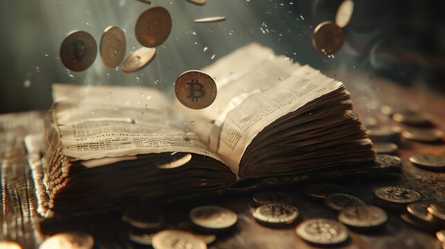 Pages of an ancient wisdom book flip as coins and contracts fly, symbolizing the pursuit of knowledge and wealth