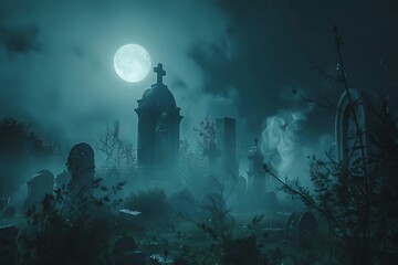 A misty graveyard at midnight featuring ghostly apparitions floating above ancient tombstones under the glow of a full moon