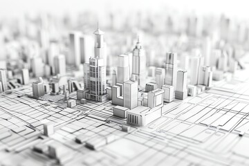A wireframe illustration of a cityscape focusing on business districts and economic hubs - obrazy, fototapety, plakaty