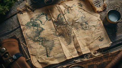Fotobehang An adventure themed exploration with a vintage map, with ample edges for overlaying additional content © Pairat