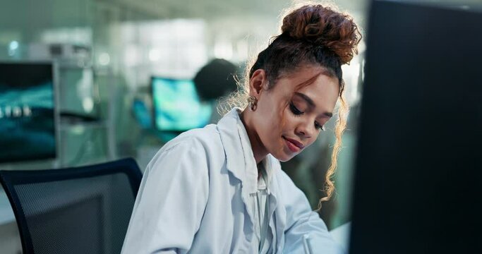 Science, research and woman at computer thinking, brainstorming or checking online results for study. Medical laboratory, healthcare and scientist at desk with website search for problem solving idea