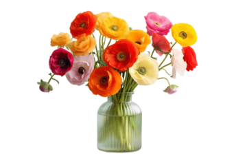colorful poppies Blooming in a crystal vase Conveys luxury and elegance, Isolated on transparent background.