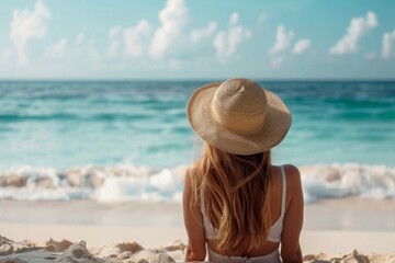 Woman in a sunhat relaxing on the sandy shore, gazing at the tranquil ocean - 784315919