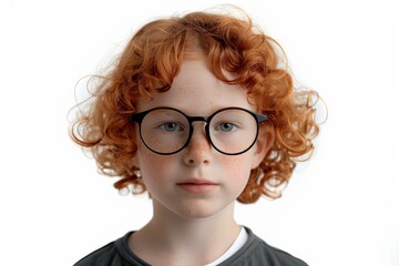 Obraz premium A red-haired curly-haired boy with glasses on a white background