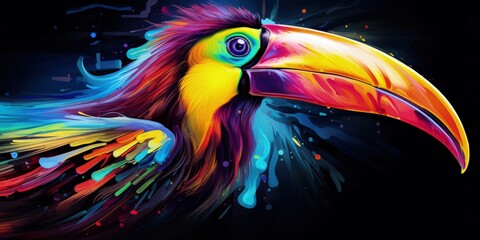 A toucan transformed through color inversion, the vibrant hues of its feathers inverted to a create a surreal and mesmerizing 