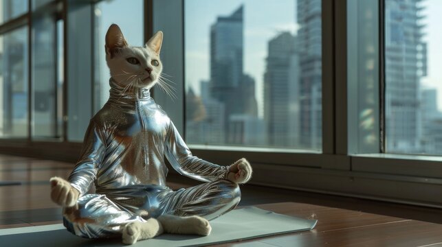 Domestic cat in lotus position with metallic jumpsuit against urban skyline, modern apartment
