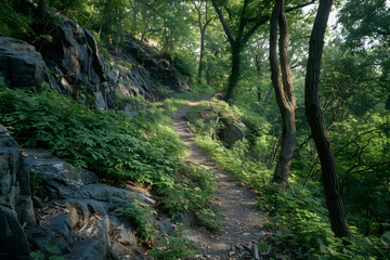 Fototapeta na wymiar Tranquil and Adventurous Hiking Trail in the Bountiful Wilderness of New Jersey
