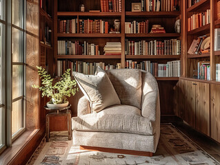 Comfortable reading nook with a plush armchair and built-in bookshelves for a relaxing escape.