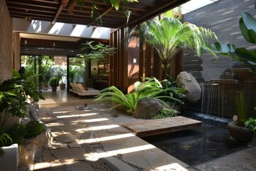 Contemporary indoor garden with lush greenery and a tranquil water feature - 784316714