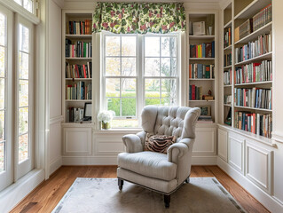 "A plush armchair sits in a cozy reading corner with shelves of books nearby."