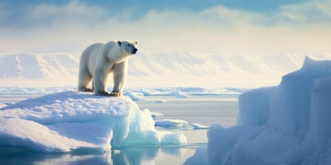 A solitary polar bear standing majestically on a vast iceberg, the icy wilderness stretching around it - obrazy, fototapety, plakaty