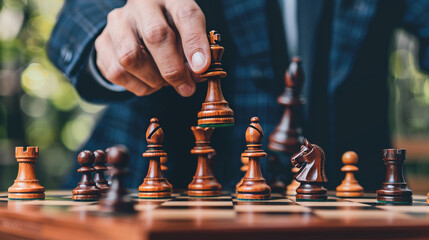 Businessman holding a chess figure. The concept of proper business management and personnel search