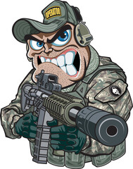 Cartoon style special operator soldier aiming silenced assault rifle