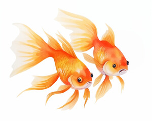 Watercolor painting of two golden fish on white background. It is a symbol of wealth and abundance.