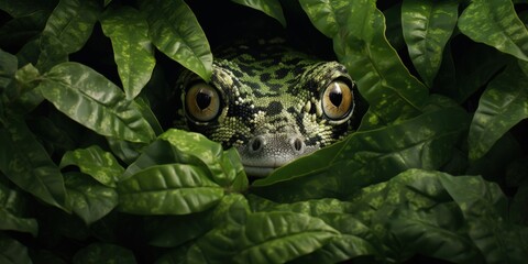 An intimate portrayal of gecko in a front view, expertly camouflaged among the greenery of leaves