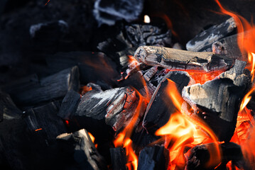 hot coals on fire close-up