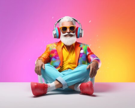 Rocking grandparent, colorful vibe, headphones on
