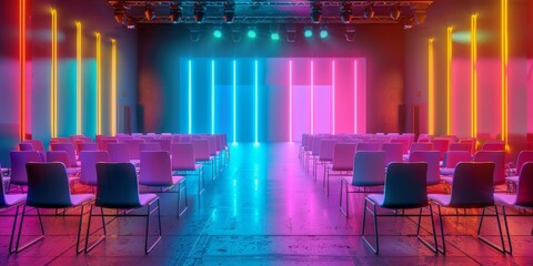 Abstract empty colorful neon room with chairs