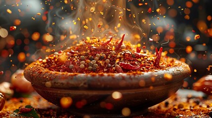 Floating spicy culinary adventure side lighting for vibrant spice textures capturing the mix vivid cinematic HD