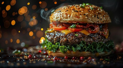 Isolated cheeseburger on black background with sesame seed bun and all the fixings - obrazy, fototapety, plakaty