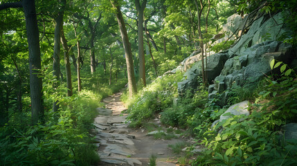 Fototapeta na wymiar Tranquil and Adventurous Hiking Trail in the Bountiful Wilderness of New Jersey