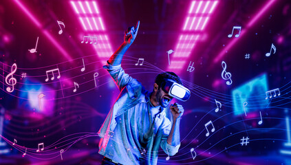 Man singing a song by using VR headset at simulated neon club. Relaxed person singing a song and holding microphone gesture while enter virtual reality simulated world. Blurring background. Deviation.