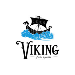 Viking Ship Logo Design Vector with Ocean Waves Illustration