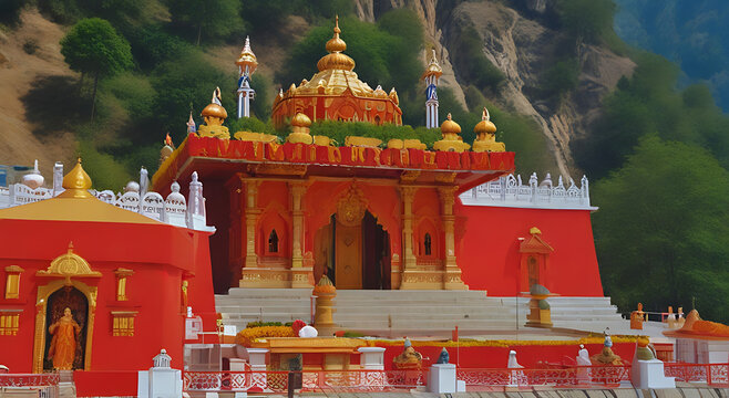 Indian Hindu Goddess Vaishno Mata at divine mountain environment. vaishno mata mandir, natural mountain Theme, red temple