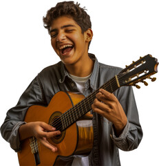 Teenage Middle Eastern boy excited playing guitar cut out png on transparent background