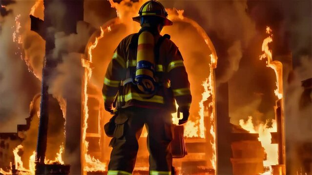 A valiant firefighter in full gear stands before a raging inferno, exemplifying courage and determination.