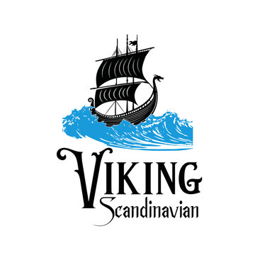 Viking Ship Logo Symbol in Deep Ocean Waves Illustration 