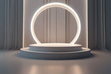 A circular Podium background with 3D light tech stage future platform game abstract. Podium 3D background room product circle glow effect portal stand studio scene white design ring modern, 