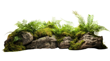 Fototapeta na wymiar Tropical plant fern moss bush tree jungle stone rock isolated on transparent and white background.PNG image.