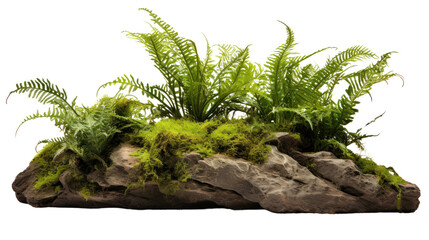 Tropical plant fern moss bush tree jungle stone rock isolated on transparent and white background.PNG image.