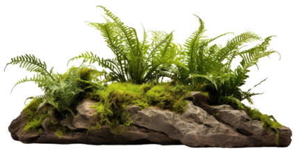 Tropical plant fern moss bush tree jungle stone rock isolated on transparent and white background.PNG image.