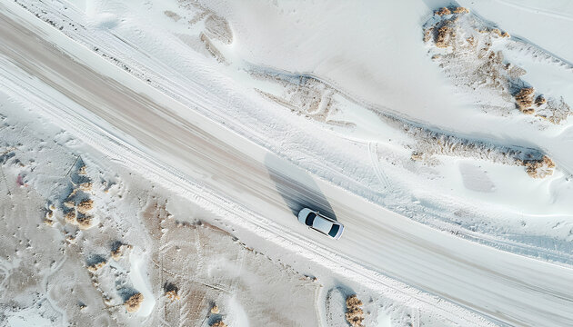 car drives along an asphalt road through a white sandy desert, top view