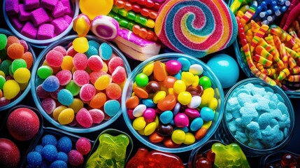 An assortment of candies, with pop art colors intensifying the vibrancy of a sweets