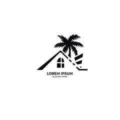 modern palm house vector logo. beach house with light rays vector logo. palm trees house vector logo.