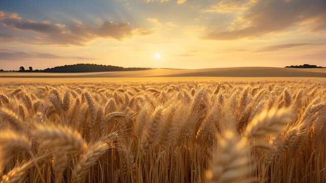 {A photorealistic image capturing a close-up view of a golden wheat field at sunset. The scene should emphasize the intricate details of the wheat stalks, showcasing the natural beauty of the rural la