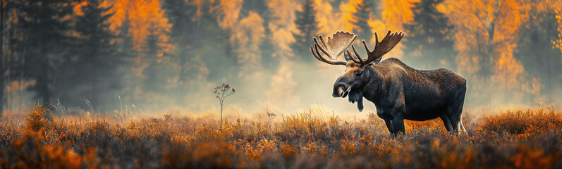 Male horned elk moose in autumn field on a wild nature background