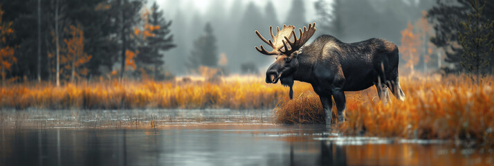 Male horned elk moose in autumn field near river on forest background close up