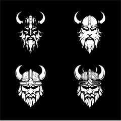 Set Of Vikings Logo Designs. Nordic Warrior Symbols.  Norseman Emblem With Head Icons And Horned Helmets