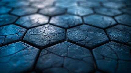 Blue hexagonal tiles with water droplets, evening light - obrazy, fototapety, plakaty