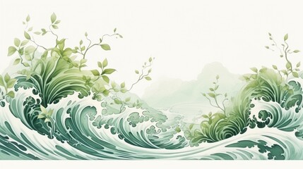 Pencil hand drawn style of natural green plant and water waves isolated on white background.