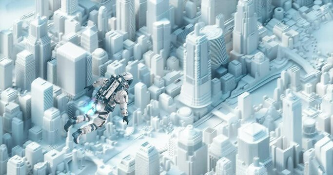 Loop animation collage. Man with jetpack flies in  futuristic white city. The perfect relax background for music	