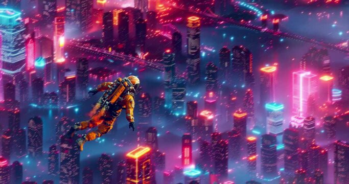 Chill loop animation collage. Man with jetpack flies in  night big city. The perfect relax background for music	