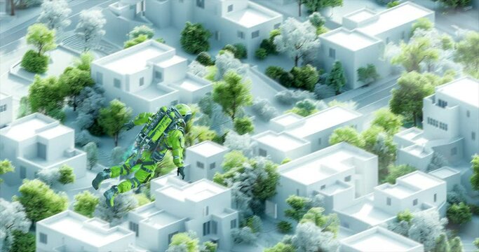 Chill loop animation collage. Man with jetpack flies in  green bio location. There is no planet B concept