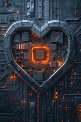 cyberpunkinspired heartshaped shield housing a scifi chip at its core The design should combine elements of cybersecurity, futurism, and innovation